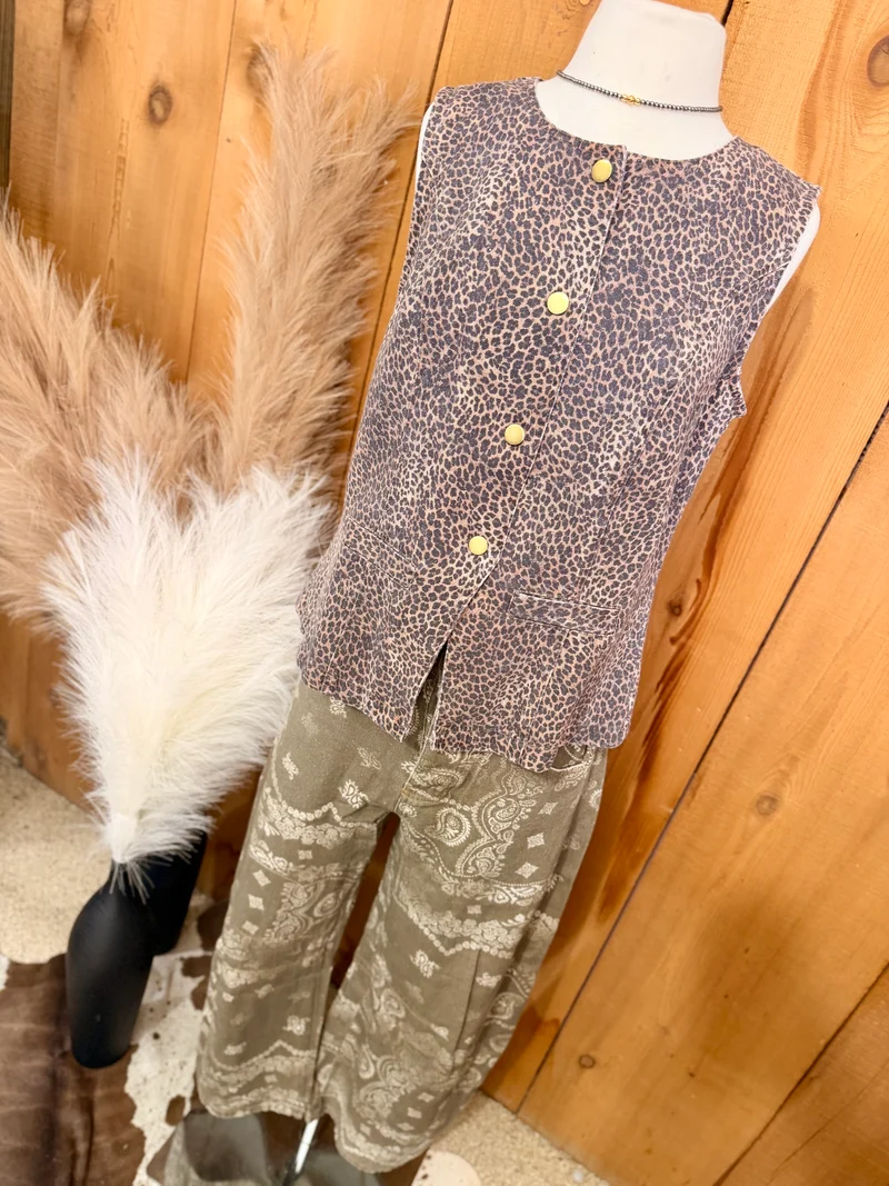Leopard Denim Button Down Tank