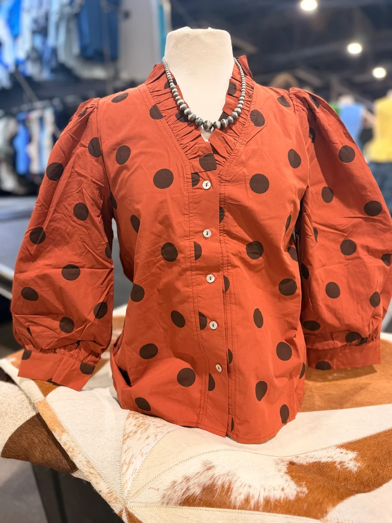 Burnt Orange / Brown Dotted Button Down Top