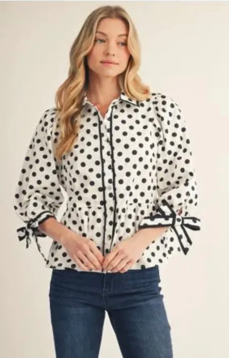 Black / White Bow Tie Button Down Top