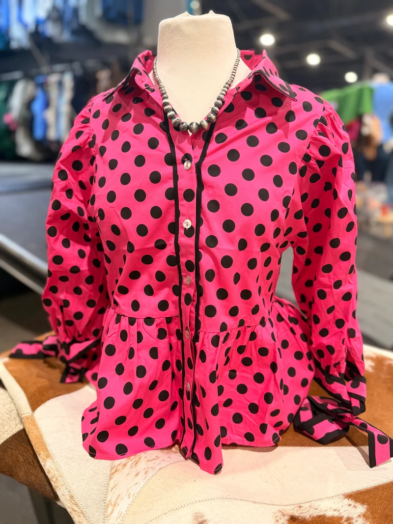 Pink / Black Bow Tie Button Down Top