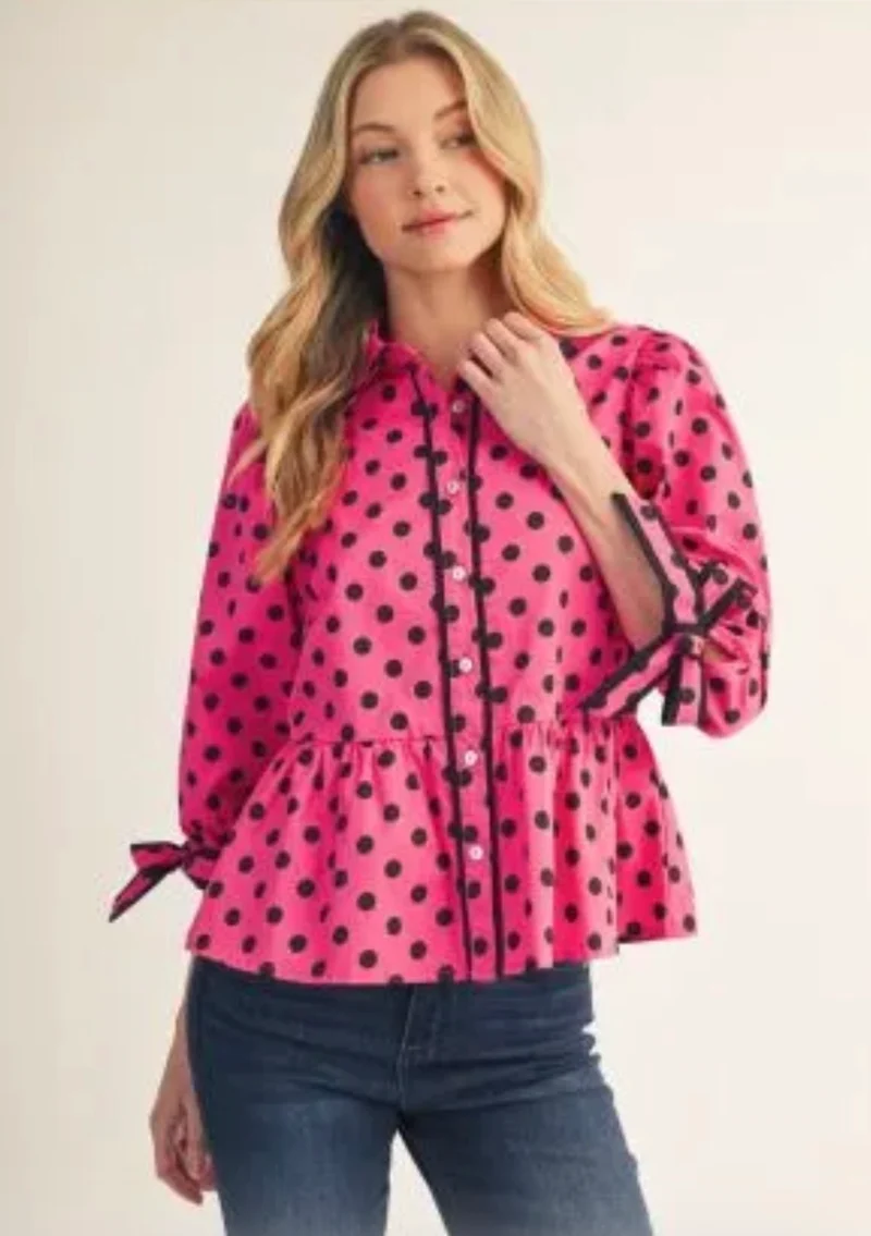 Pink / Black Bow Tie Button Down Top