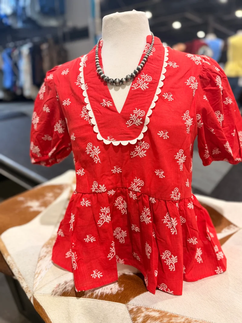 Red Embroidered Peplum Top