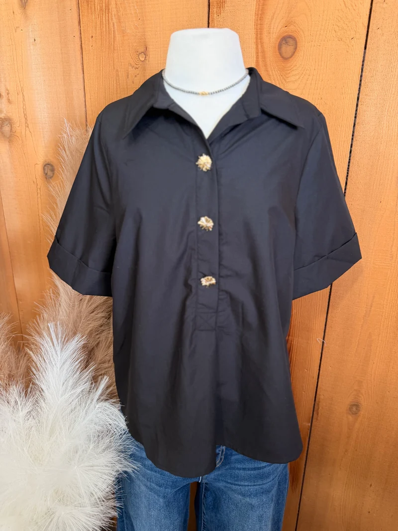 3 Gold Button Black Top