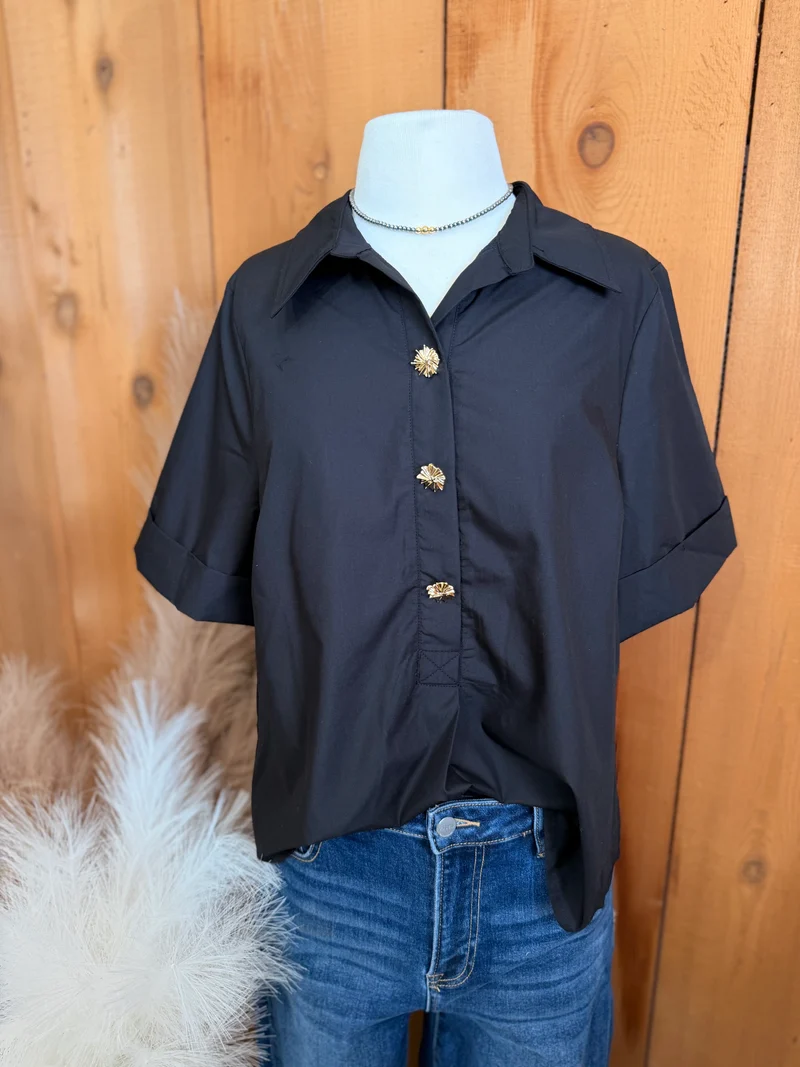 3 Gold Button Black Top
