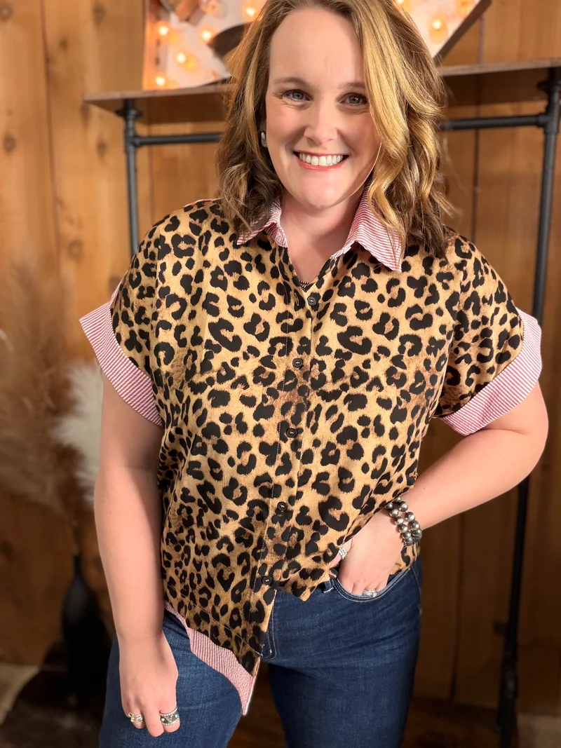 Leopard/Striped Button Down Top *red