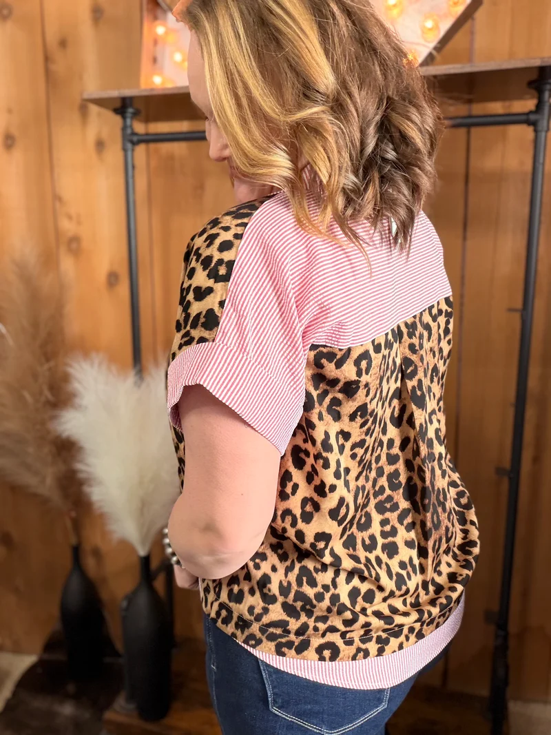 Leopard/Striped Button Down Top *red