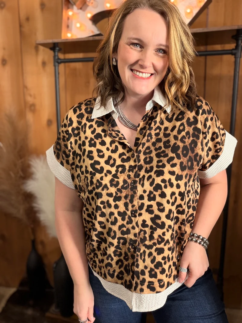 Leopard/Striped Button Down Top *taupe