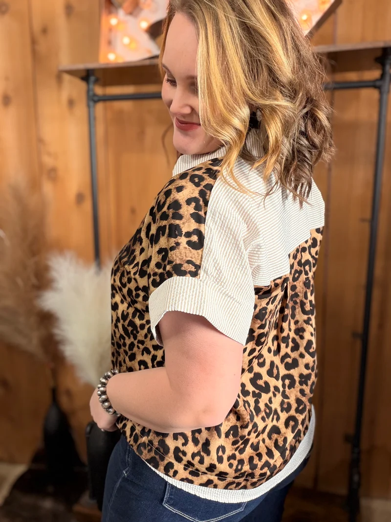 Leopard/Striped Button Down Top *taupe