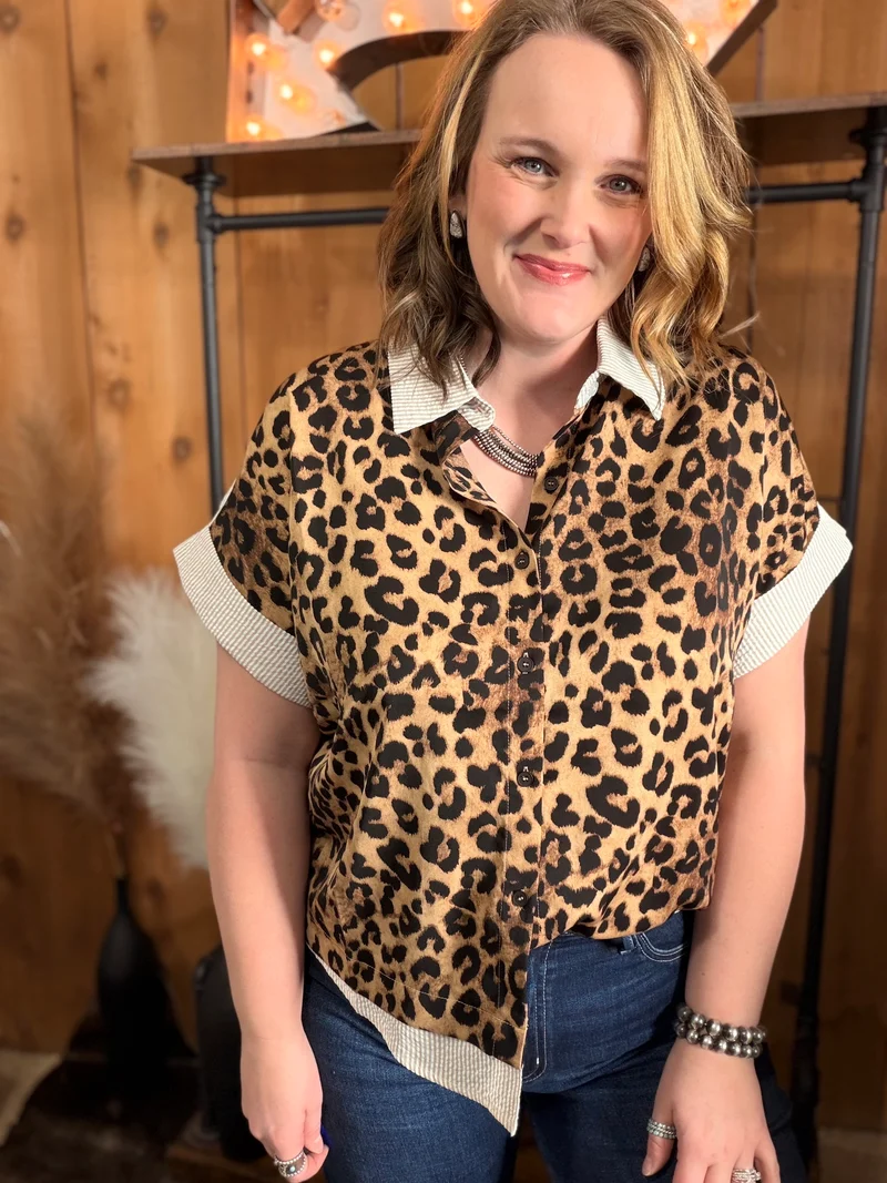 Leopard/Striped Button Down Top *taupe