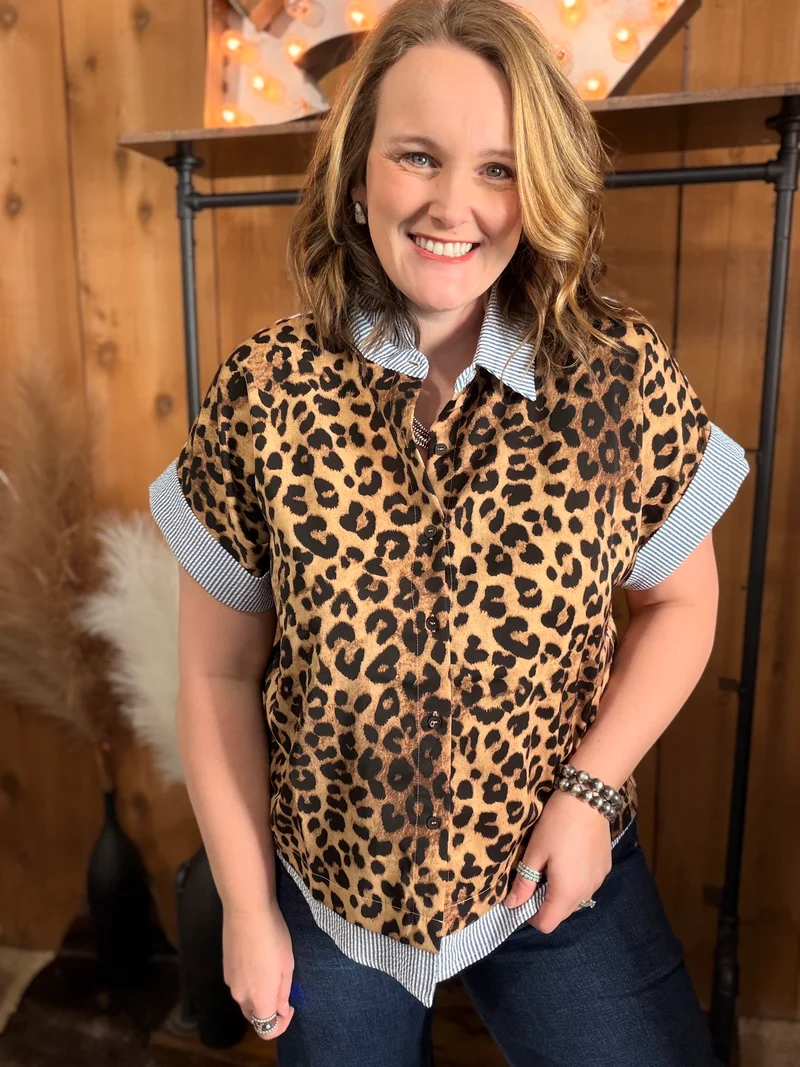 Leopard/Striped Button Down Top *blue