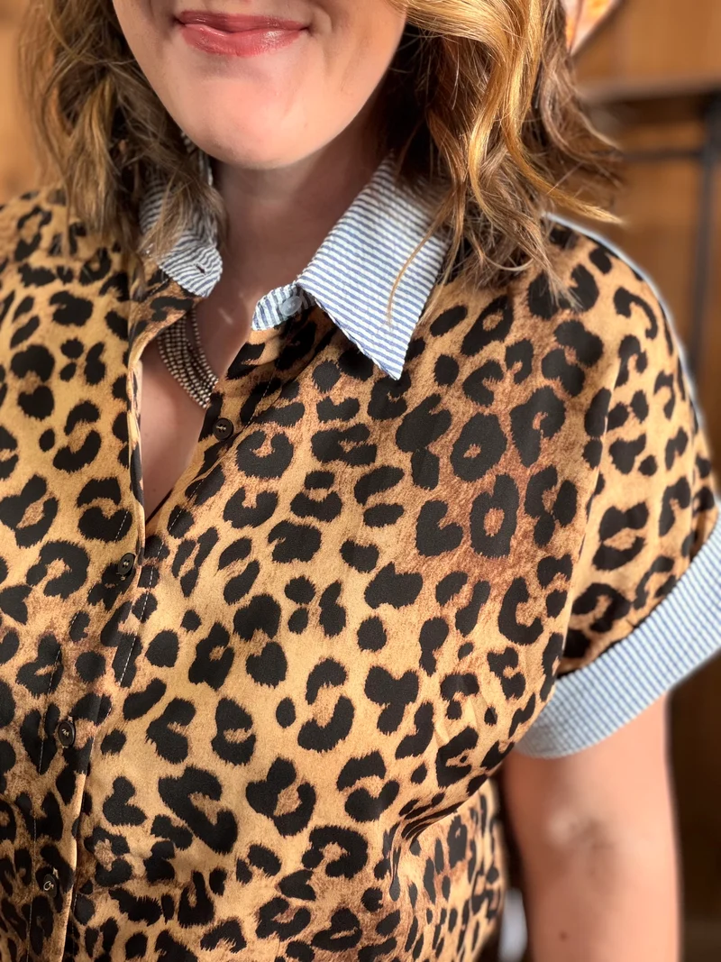Leopard/Striped Button Down Top *blue