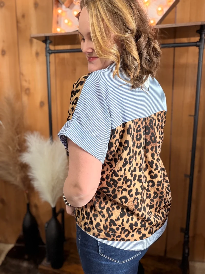 Leopard/Striped Button Down Top *blue