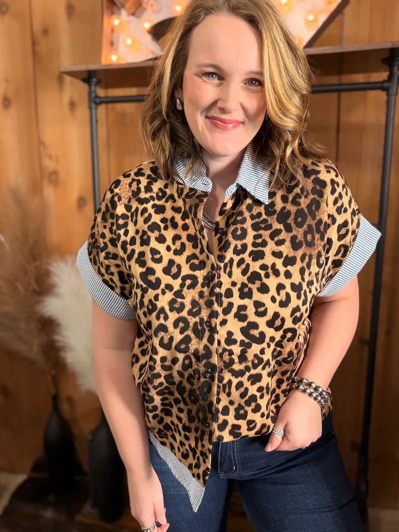 Leopard/Striped Button Down Top *blue