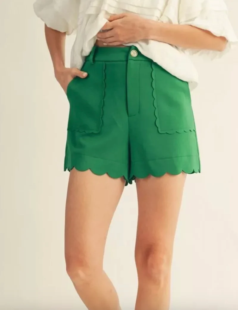 Kelly Green Scalloped Hem Shorts