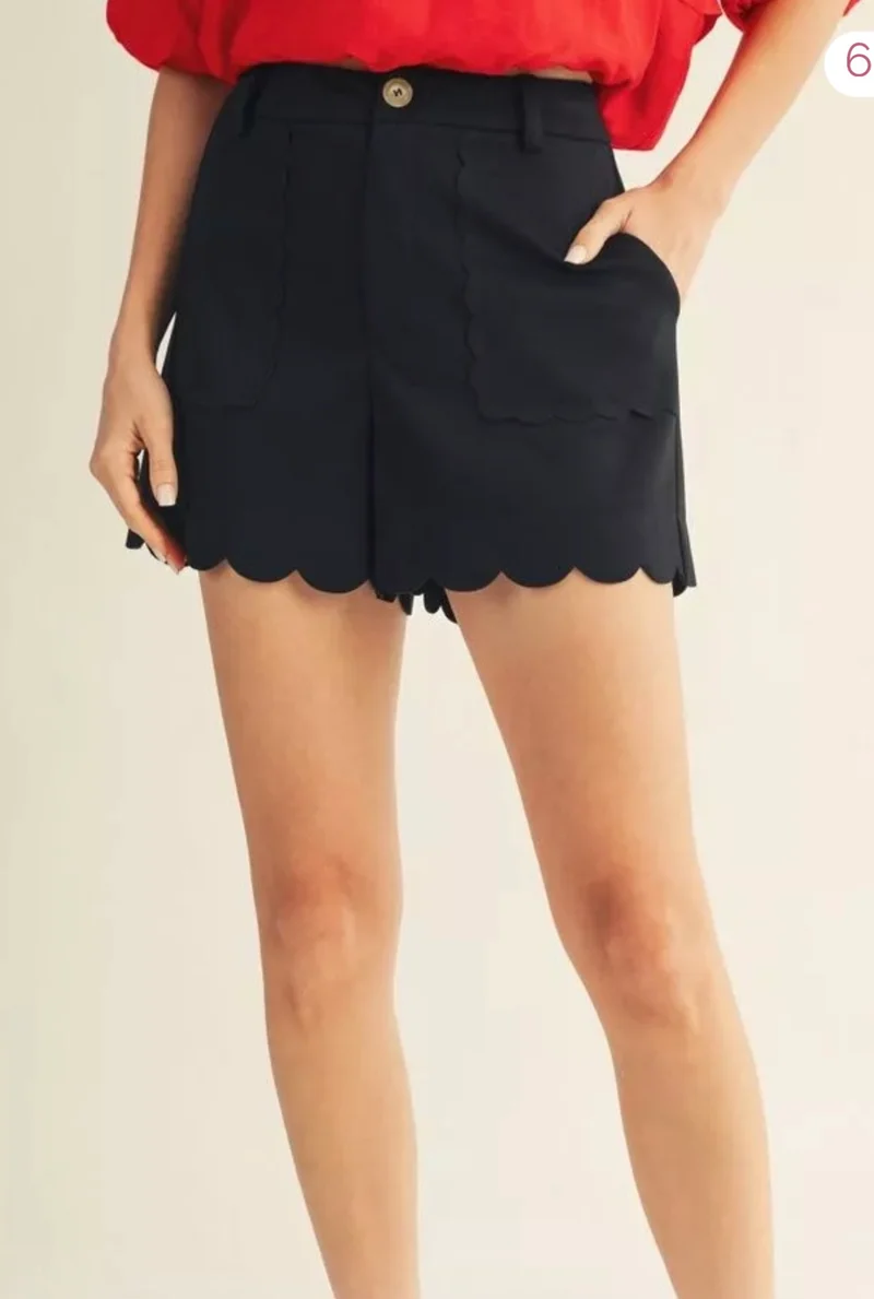 Black Scalloped Hem Shorts