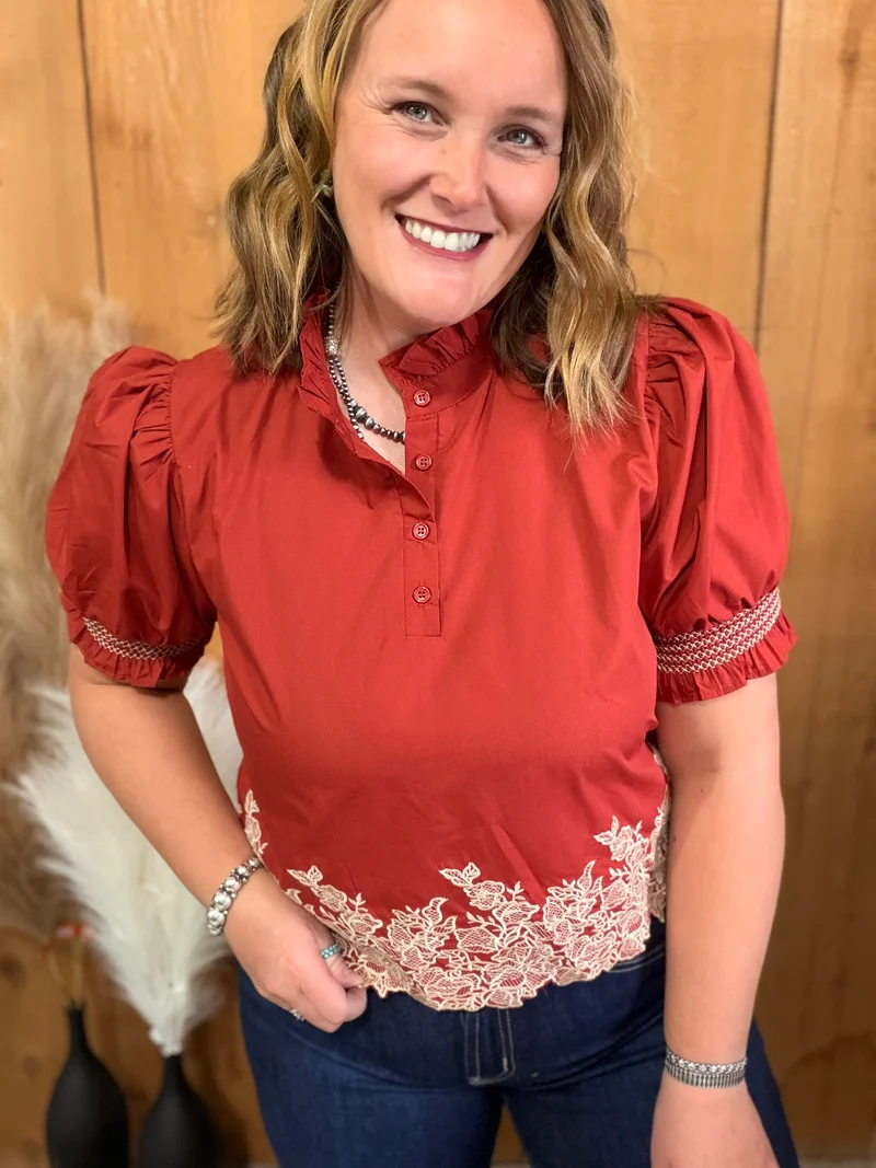 Brick Embroidered Hem Top