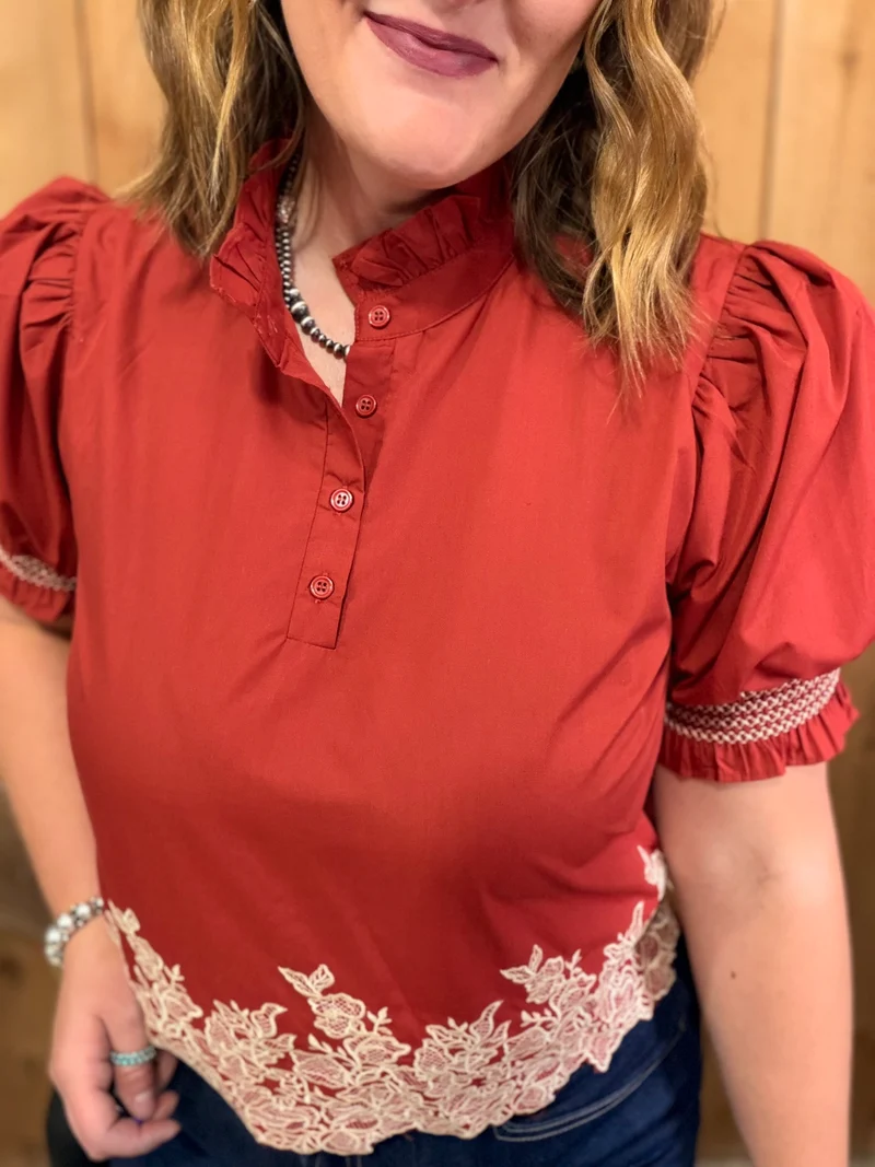 Brick Embroidered Hem Top