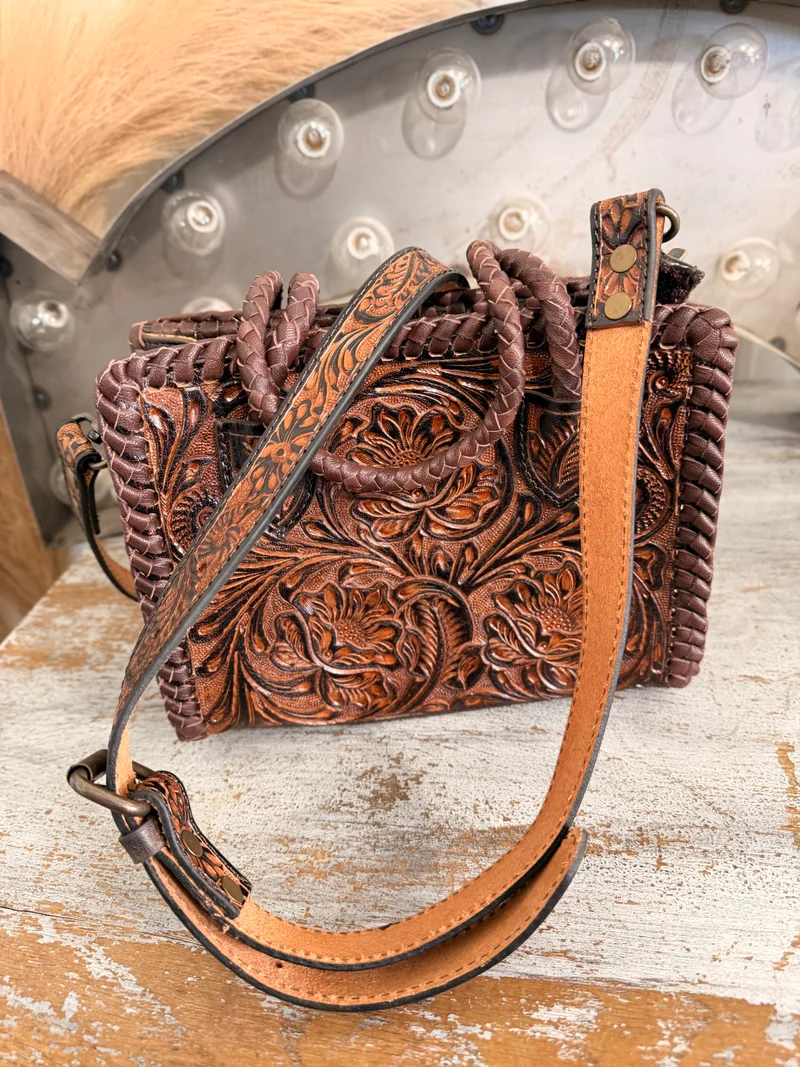 Hand Tooled Leather Small Tote Bag