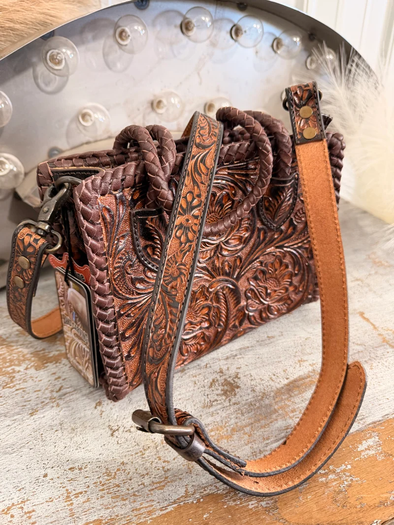 Hand Tooled Leather Small Tote Bag
