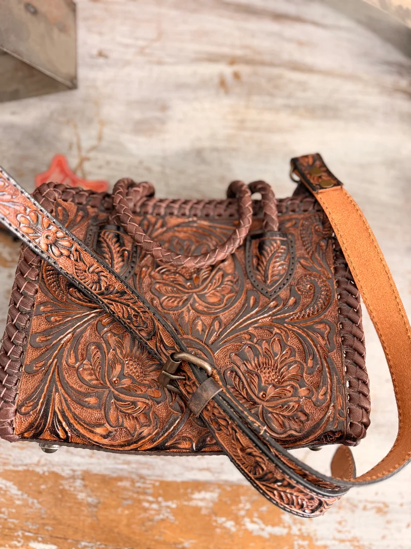 Hand Tooled Leather Small Tote Bag