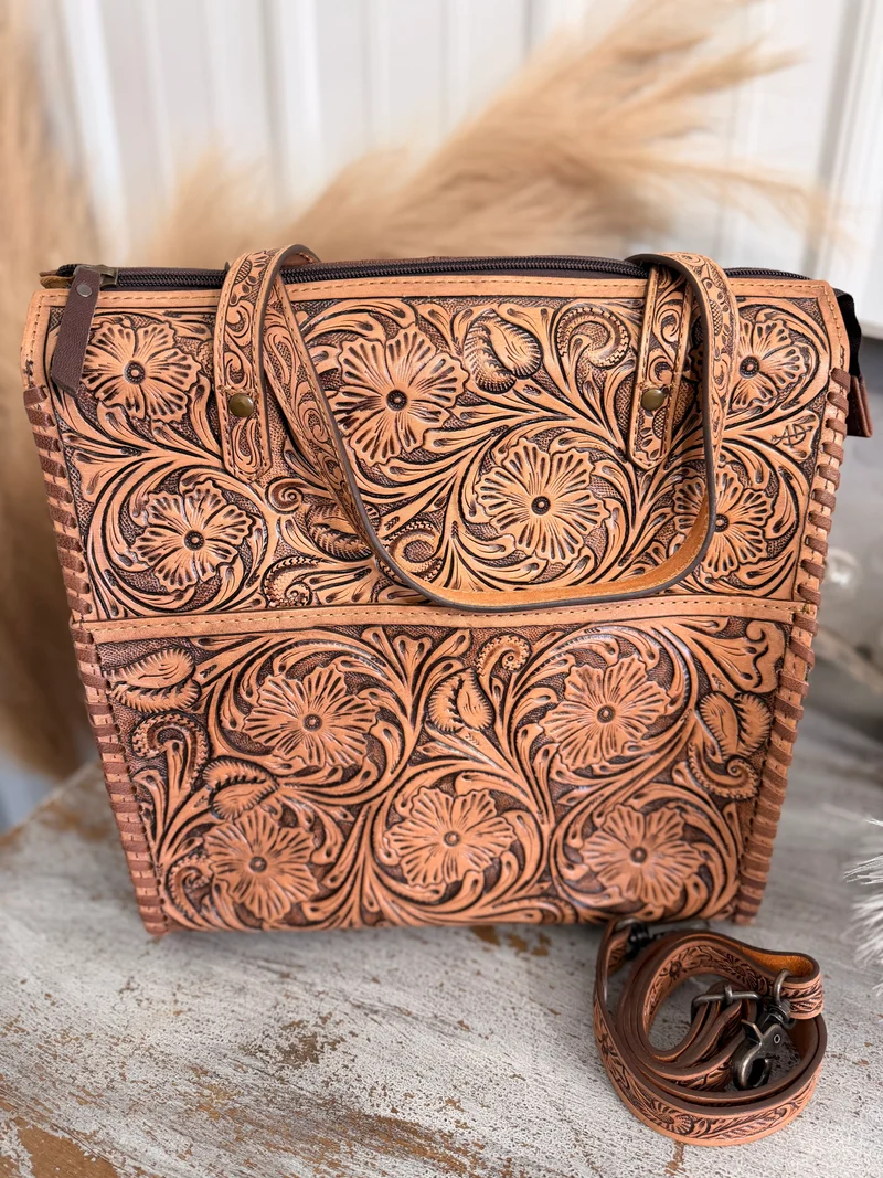 Hand Tooled Leather Convertible Backpack Bag