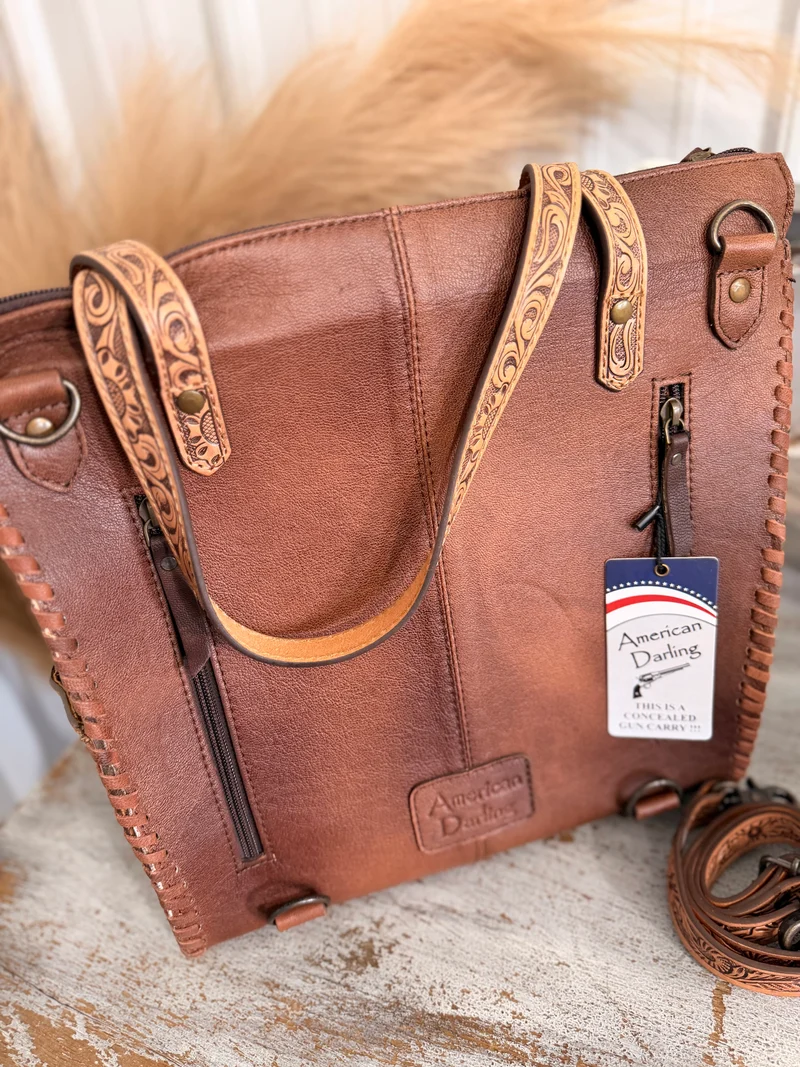 Hand Tooled Leather Convertible Backpack Bag