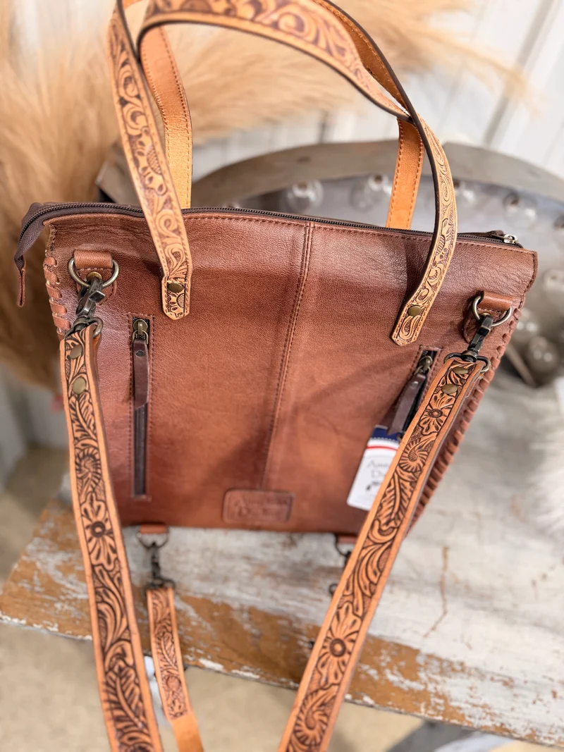 Hand Tooled Leather Convertible Backpack Bag
