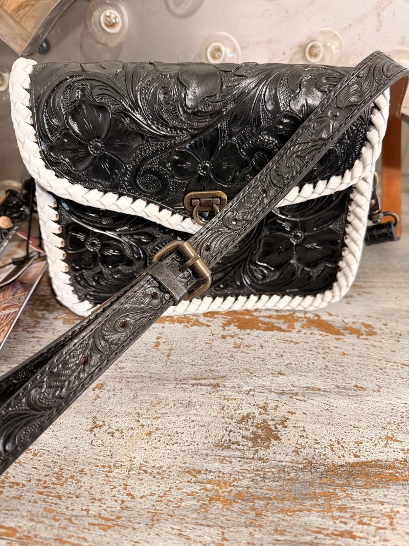 Black Hand Tooled Leather Crossbody