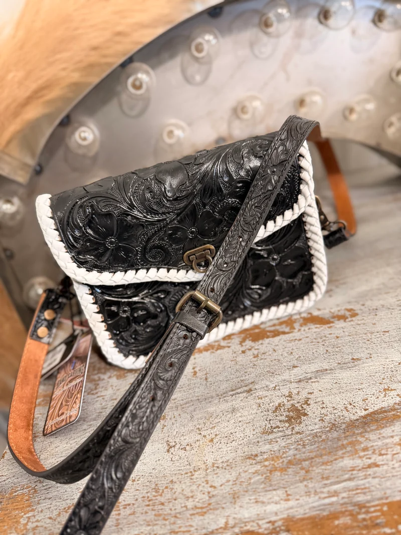Black Hand Tooled Leather Crossbody