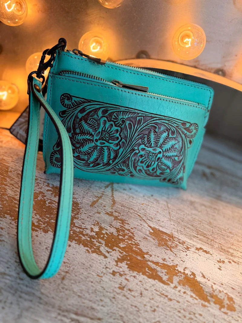 Turquoise Hand Tooled Leather Wristlet