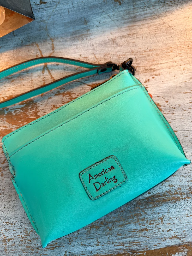 Turquoise Hand Tooled Leather Wristlet