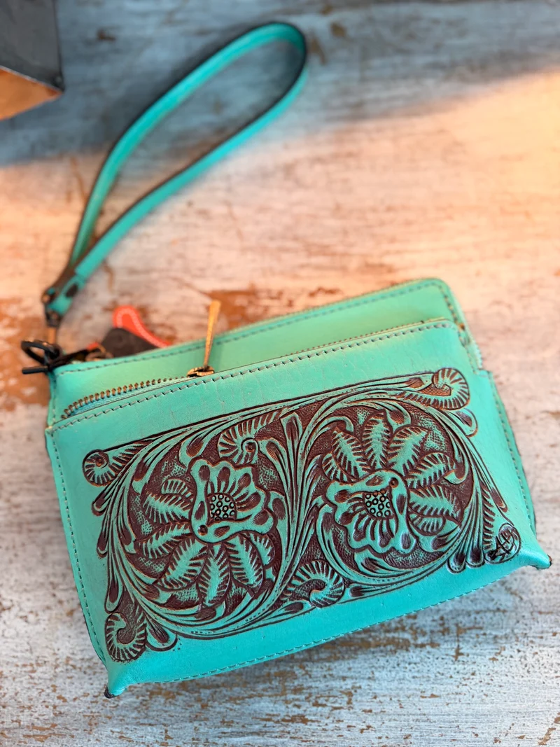 Turquoise Hand Tooled Leather Wristlet