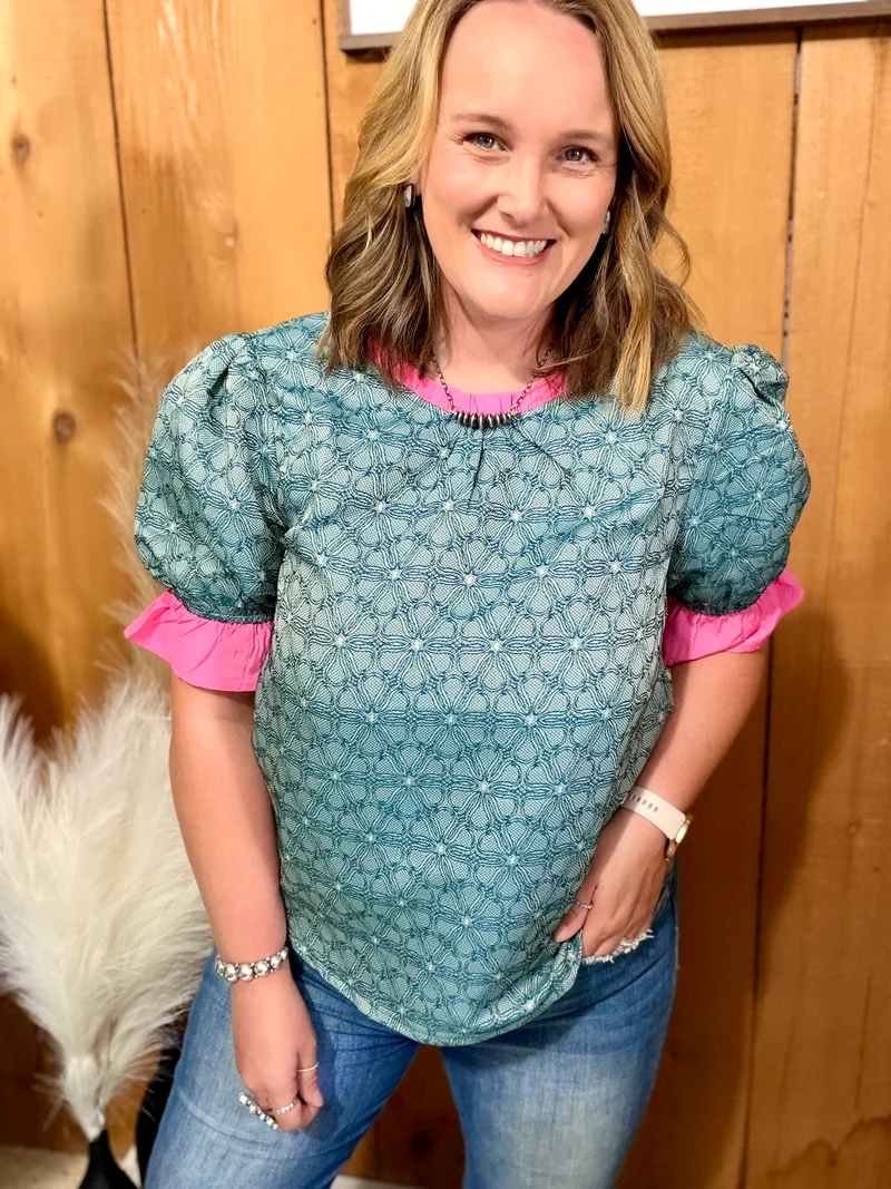 Green Floral Top with Pink Trim