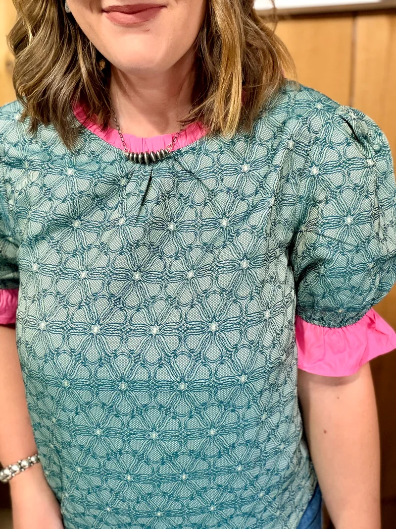 Green Floral Top with Pink Trim