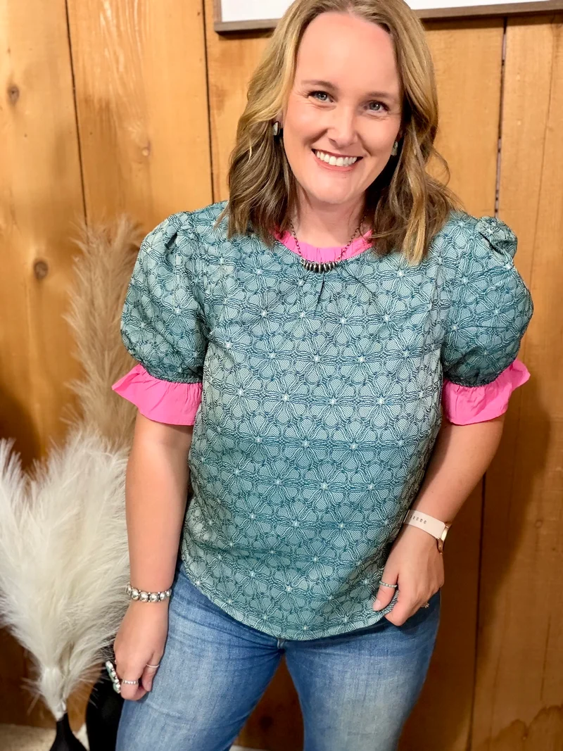 Green Floral Top with Pink Trim