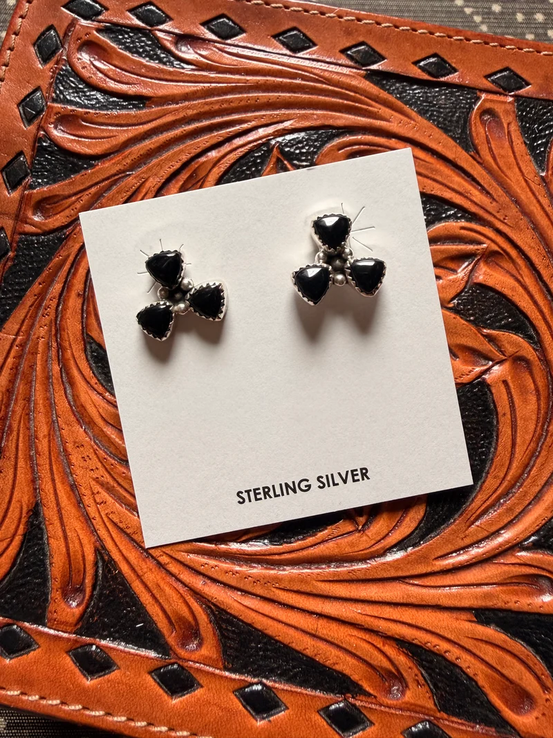 Black Onyx 3 Stone Stud Earrings