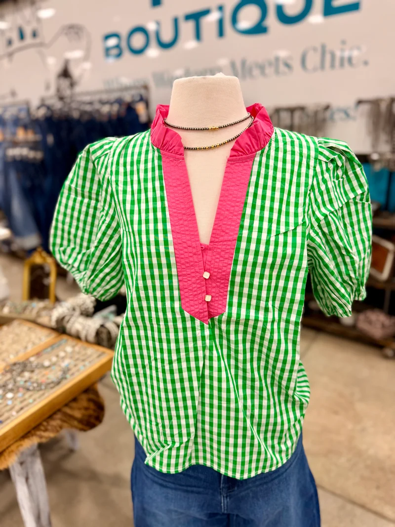 Green Gingham Puff Sleeve Top
