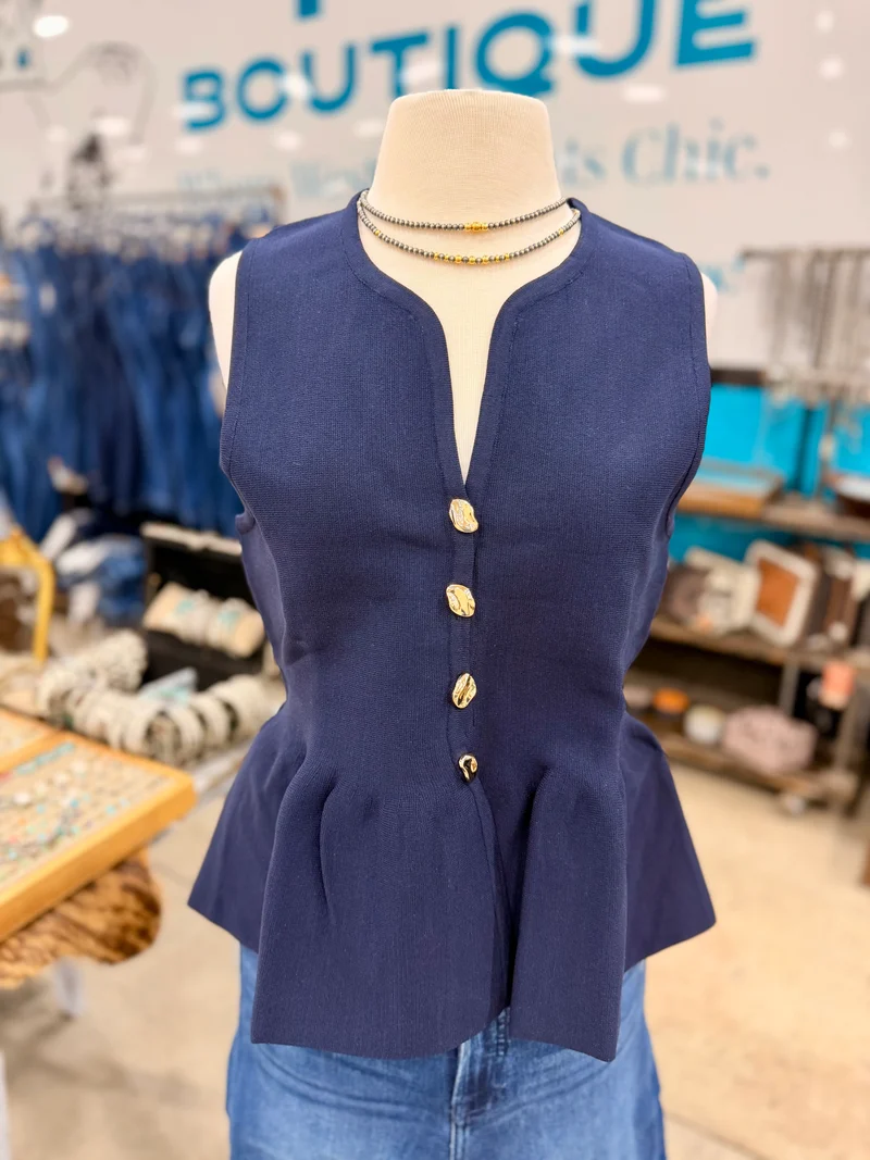Navy Gold Button Peplum Tank