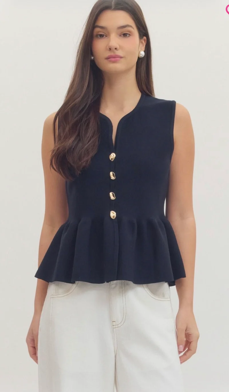 Navy Gold Button Peplum Tank