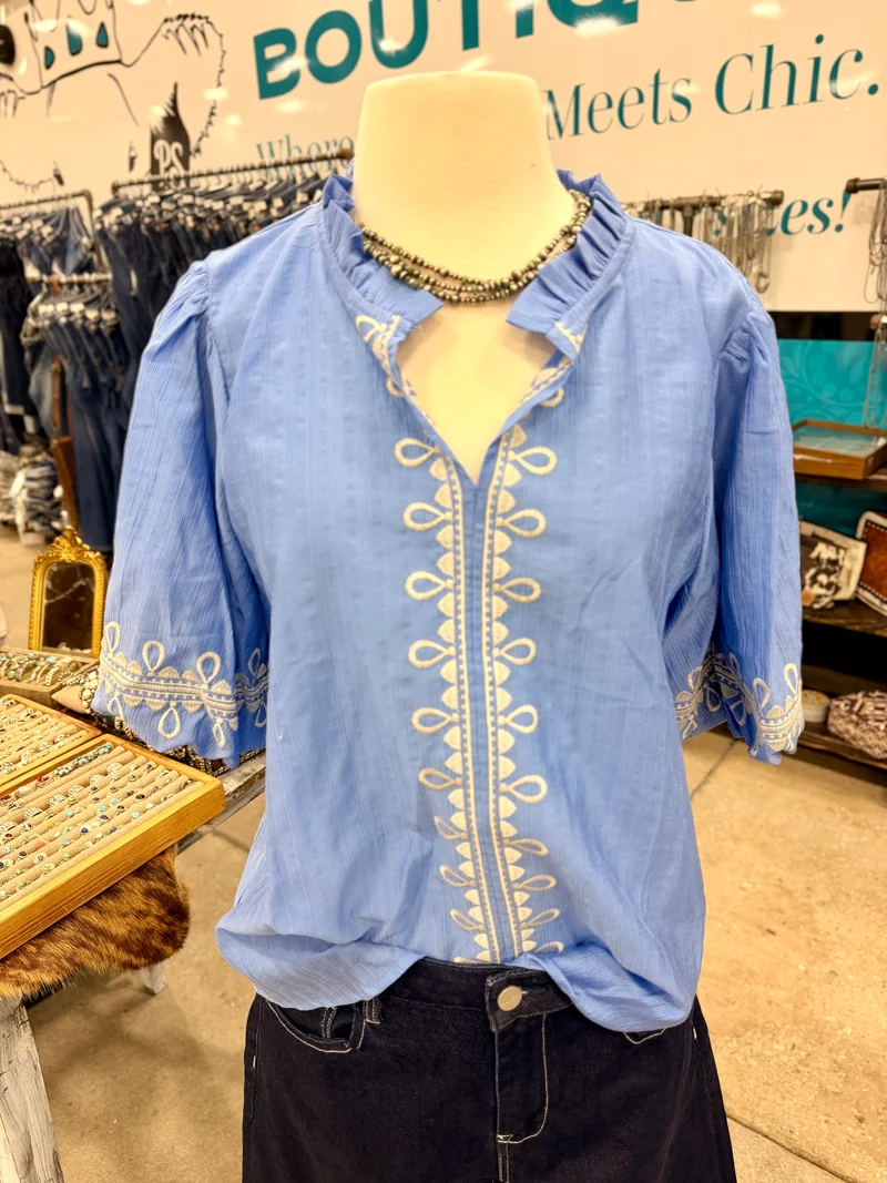 Embroidered Puff Sleeve Top - Dusty Blue