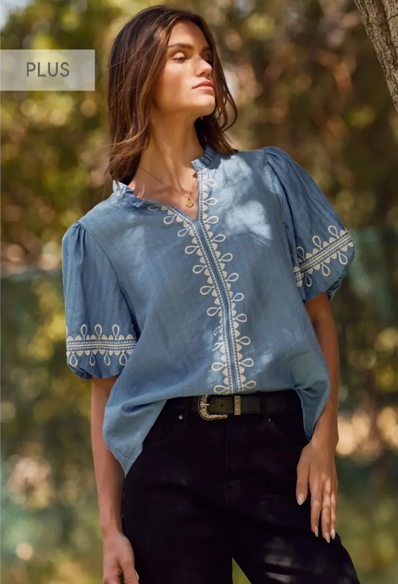 Embroidered Puff Sleeve Top - Dusty Blue