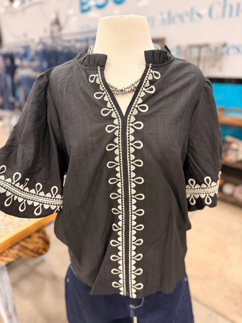 Embroidered Puff Sleeve Top - Black