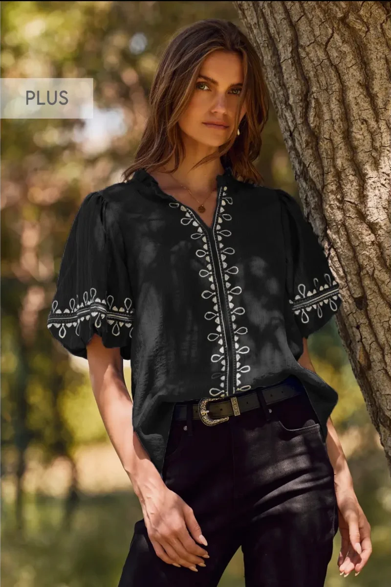 Embroidered Puff Sleeve Top - Black