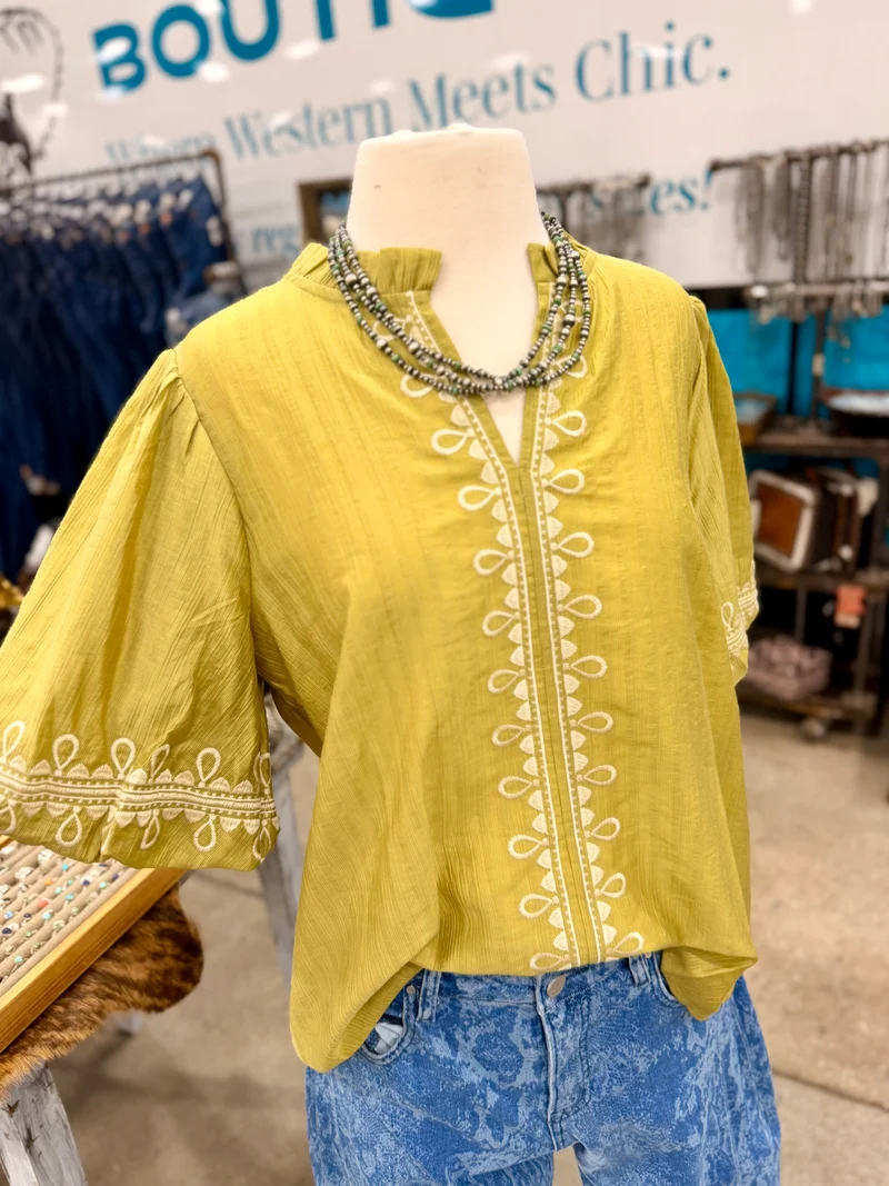 Embroidered Puff Sleeve Top - Avocado