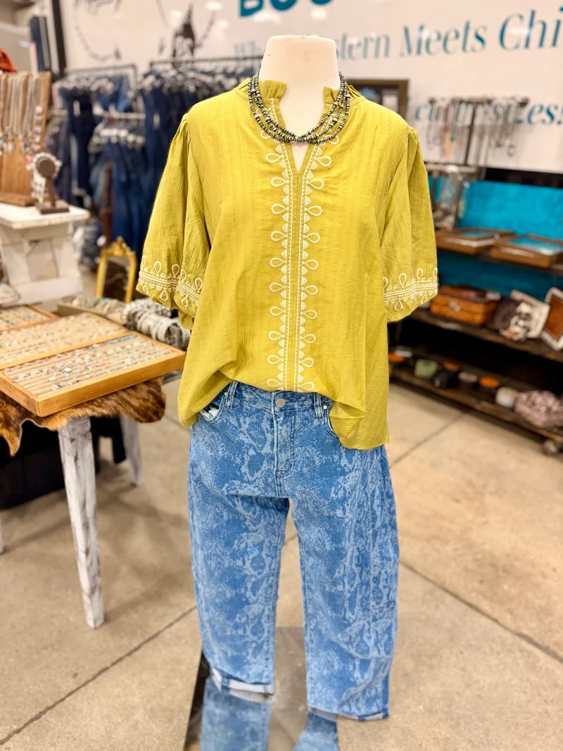 Embroidered Puff Sleeve Top - Avocado
