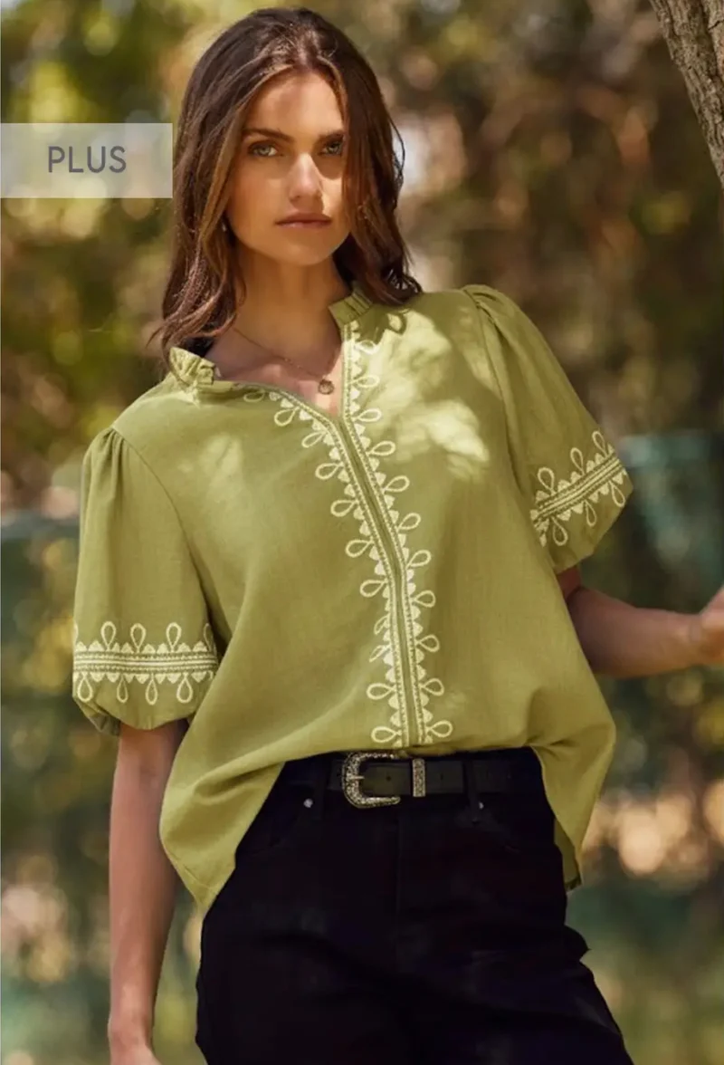 Embroidered Puff Sleeve Top - Avocado