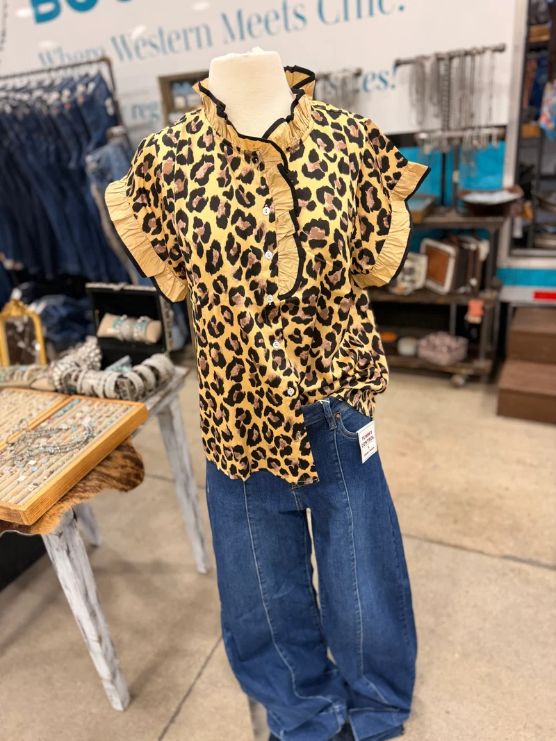 Dark Leopard Flutter Button Down Top