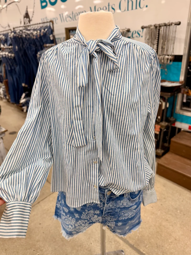 Blue Striped Bow Tie Top