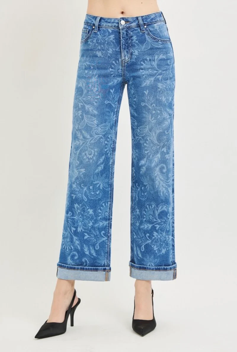 Risen Paisley Print Straight Leg Jeans