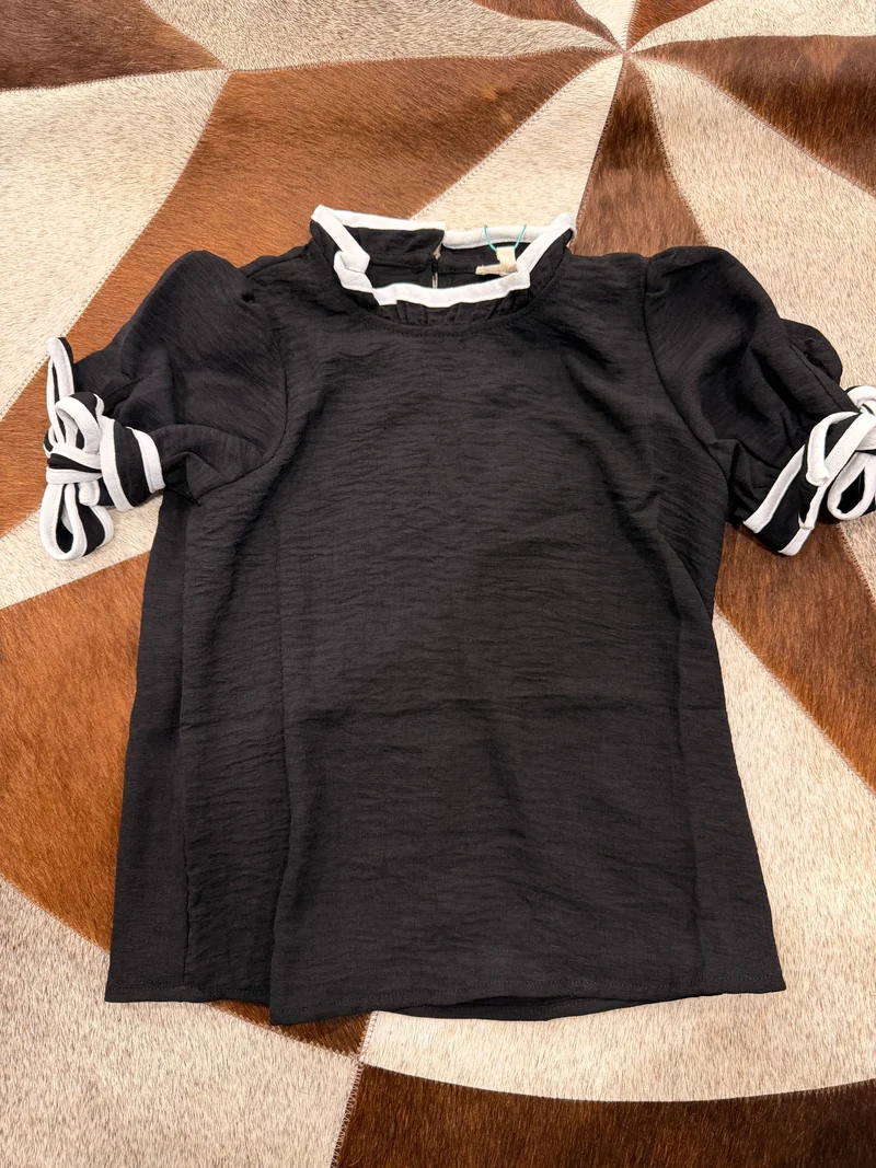 Girls Black Bow Tie Sleeve Top